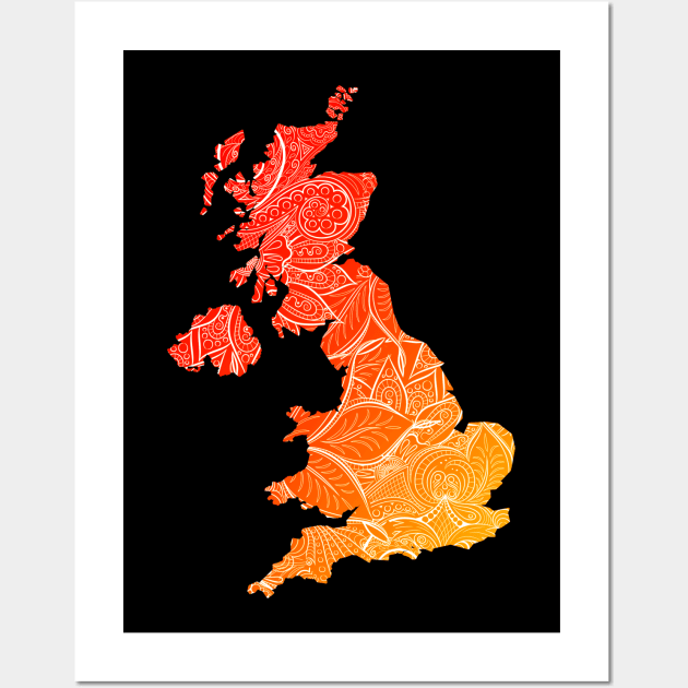 Colorful mandala art map of United Kingdom with text in red and orange Wall Art by Happy Citizen